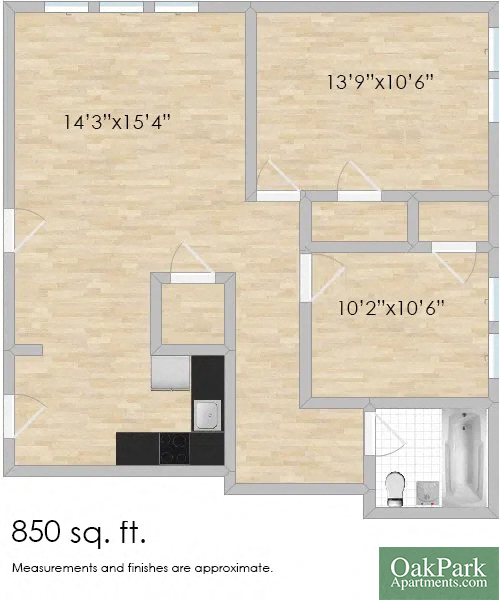 Floor plan for 2 beds, 1 bath, 850 sqft